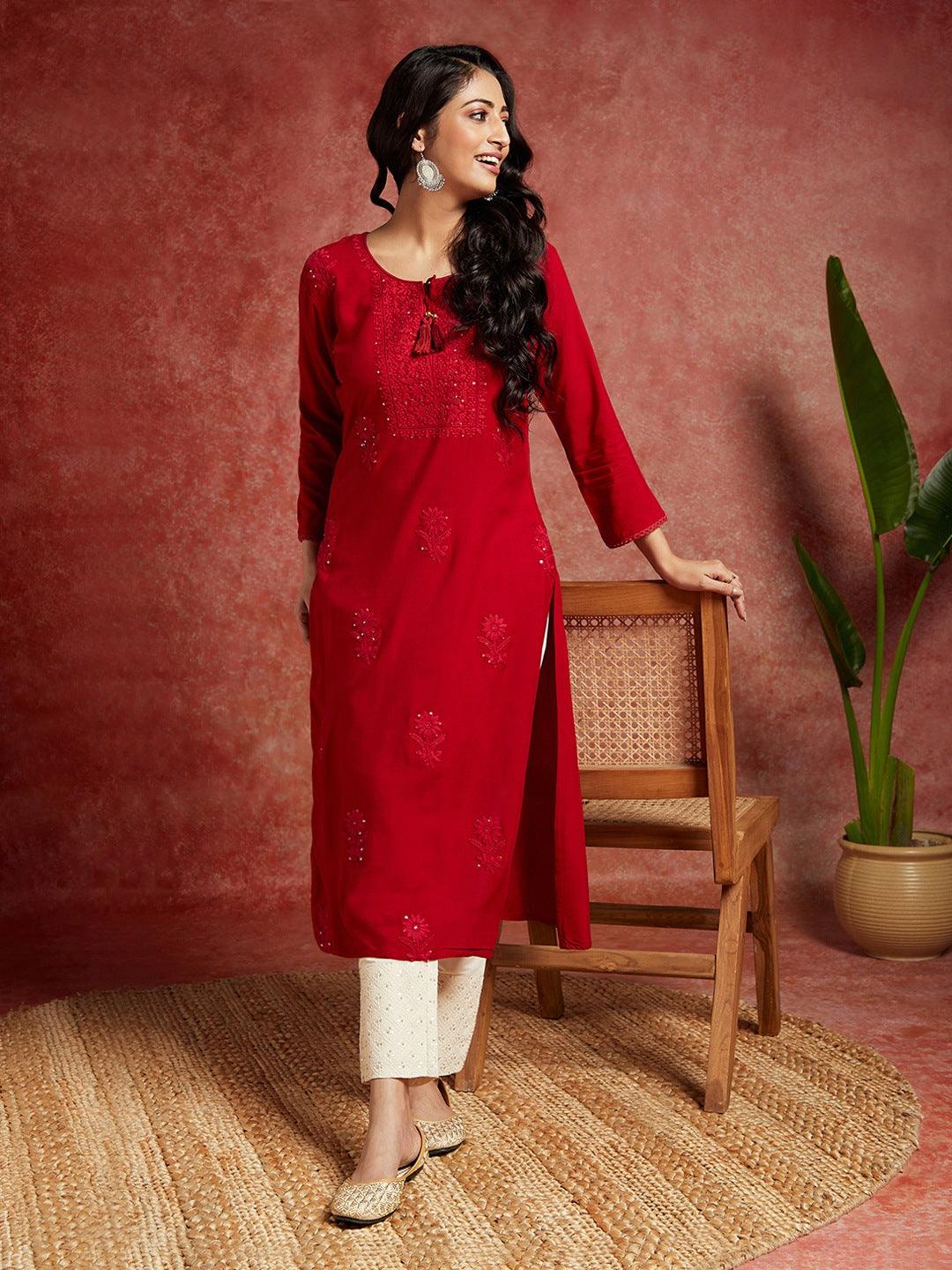 Maroon Embroidered Rayon Straight Kurta - ShopLibas