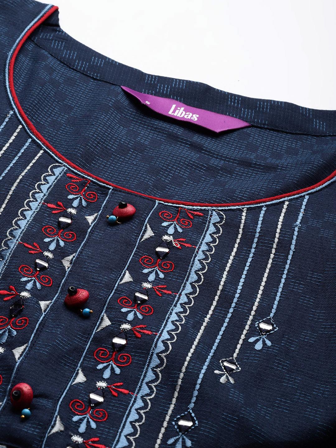 Blue Yoke Design Cotton Straight Kurta - ShopLibas