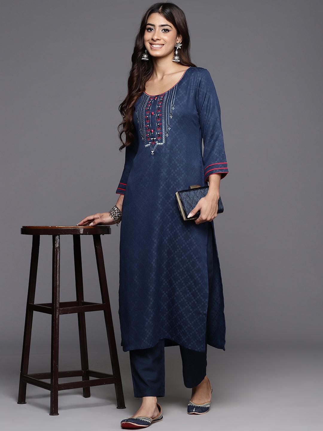 Blue Yoke Design Cotton Straight Kurta - ShopLibas