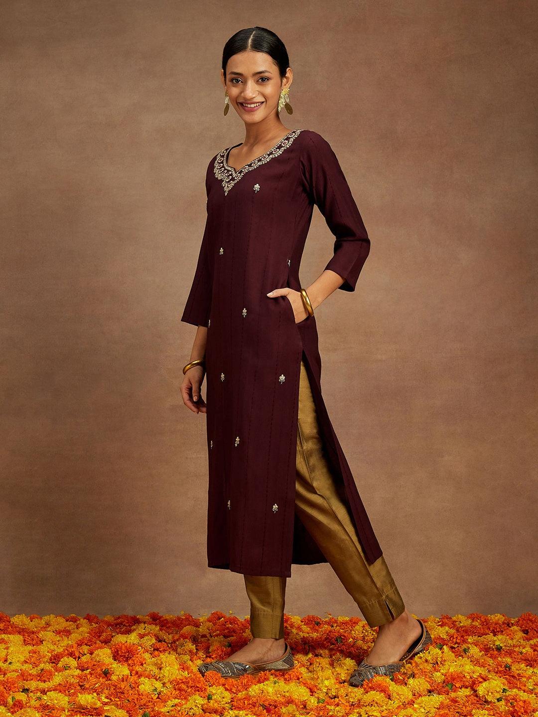 Wine Embroidered Silk Straight Kurta - ShopLibas