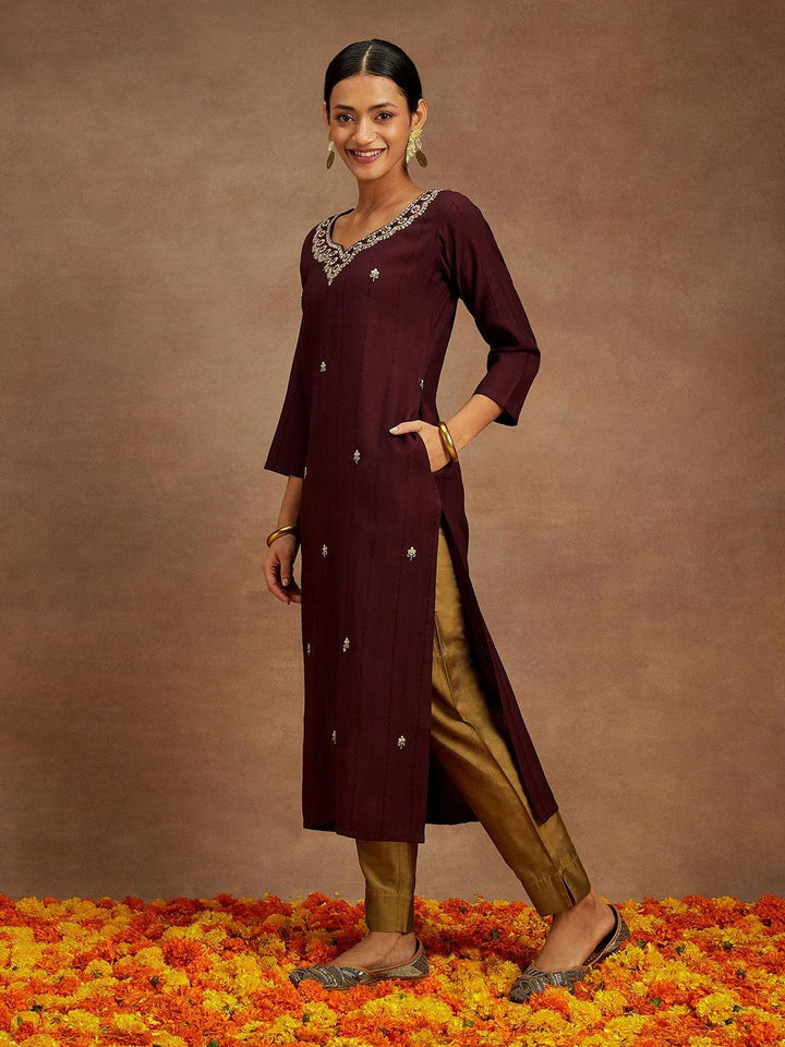Wine Embroidered Silk Straight Kurta