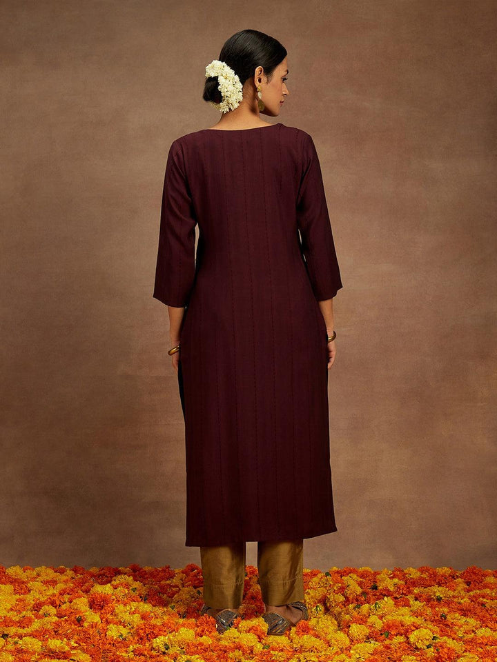 Wine Embroidered Silk Straight Kurta