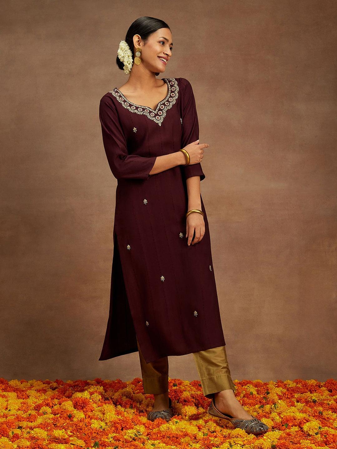 Wine Embroidered Silk Straight Kurta - ShopLibas