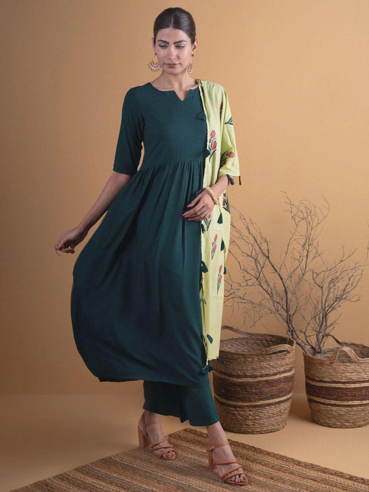 Green Solid Rayon Suit Set