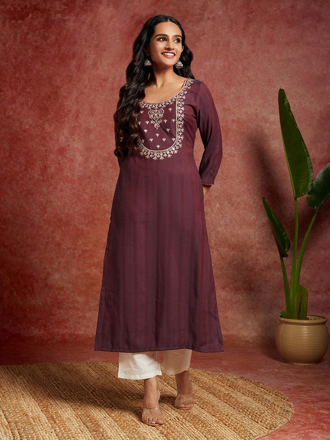 Wine Yoke Design Rayon Straight Kurta - ShopLibas