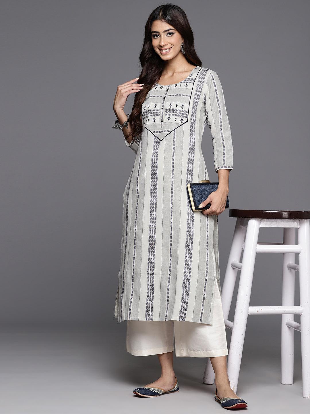 Grey Striped Cotton Straight Kurta - ShopLibas