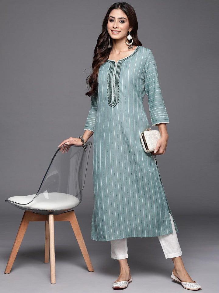 Green Woven Design Cotton Straight Kurta