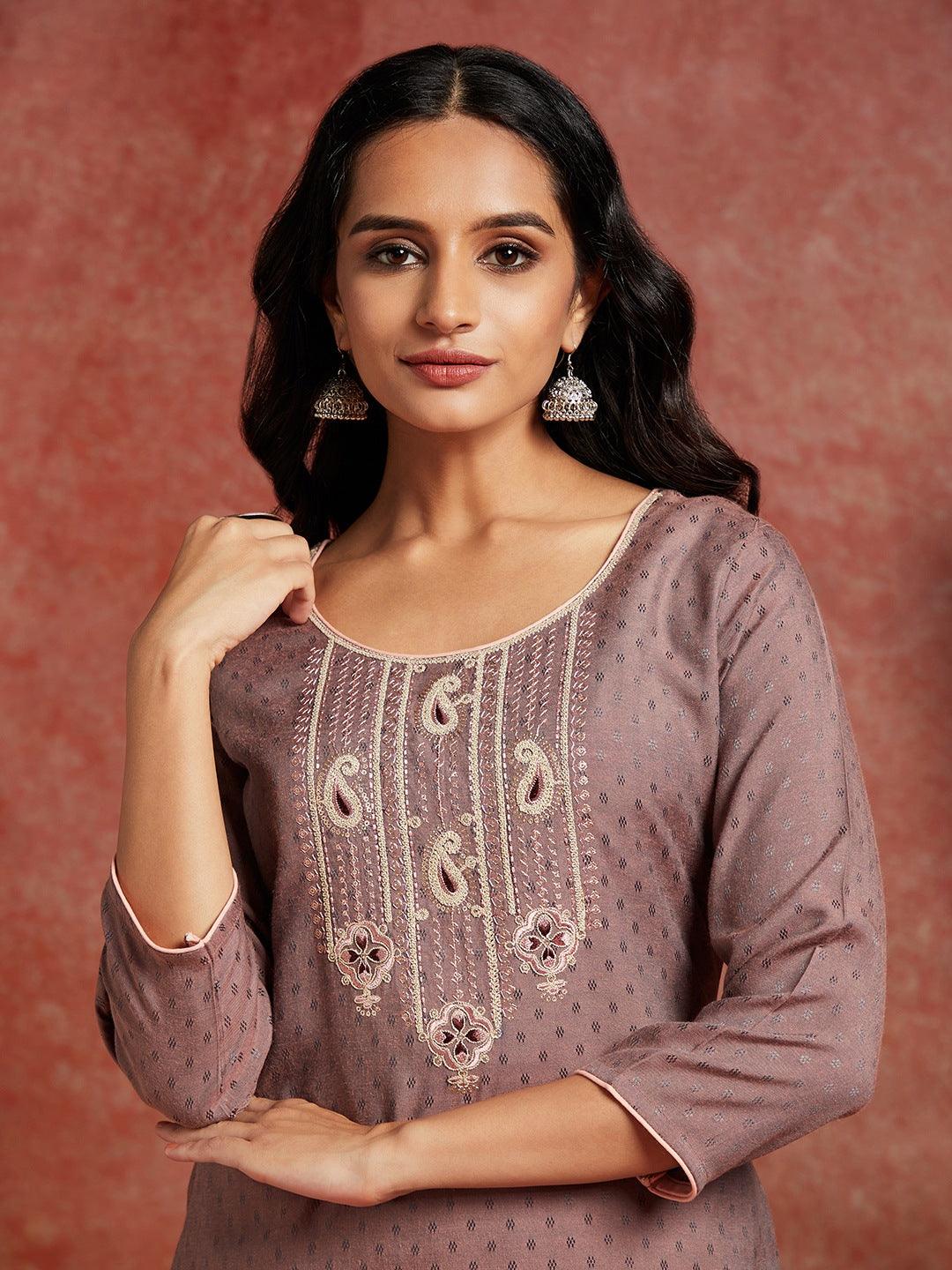 Mauve Woven Design Rayon Straight Kurta - ShopLibas