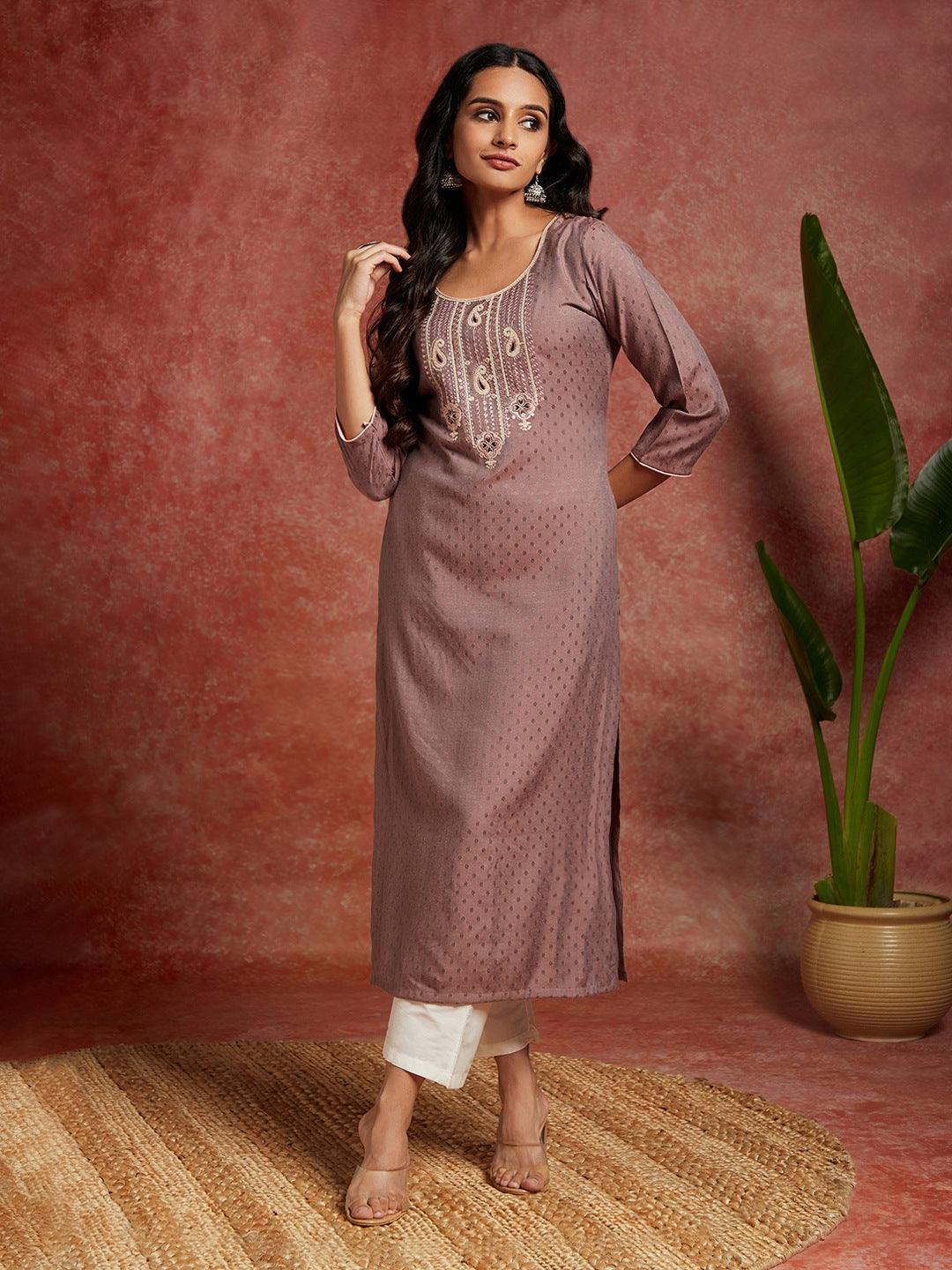 Mauve Woven Design Rayon Straight Kurta - ShopLibas