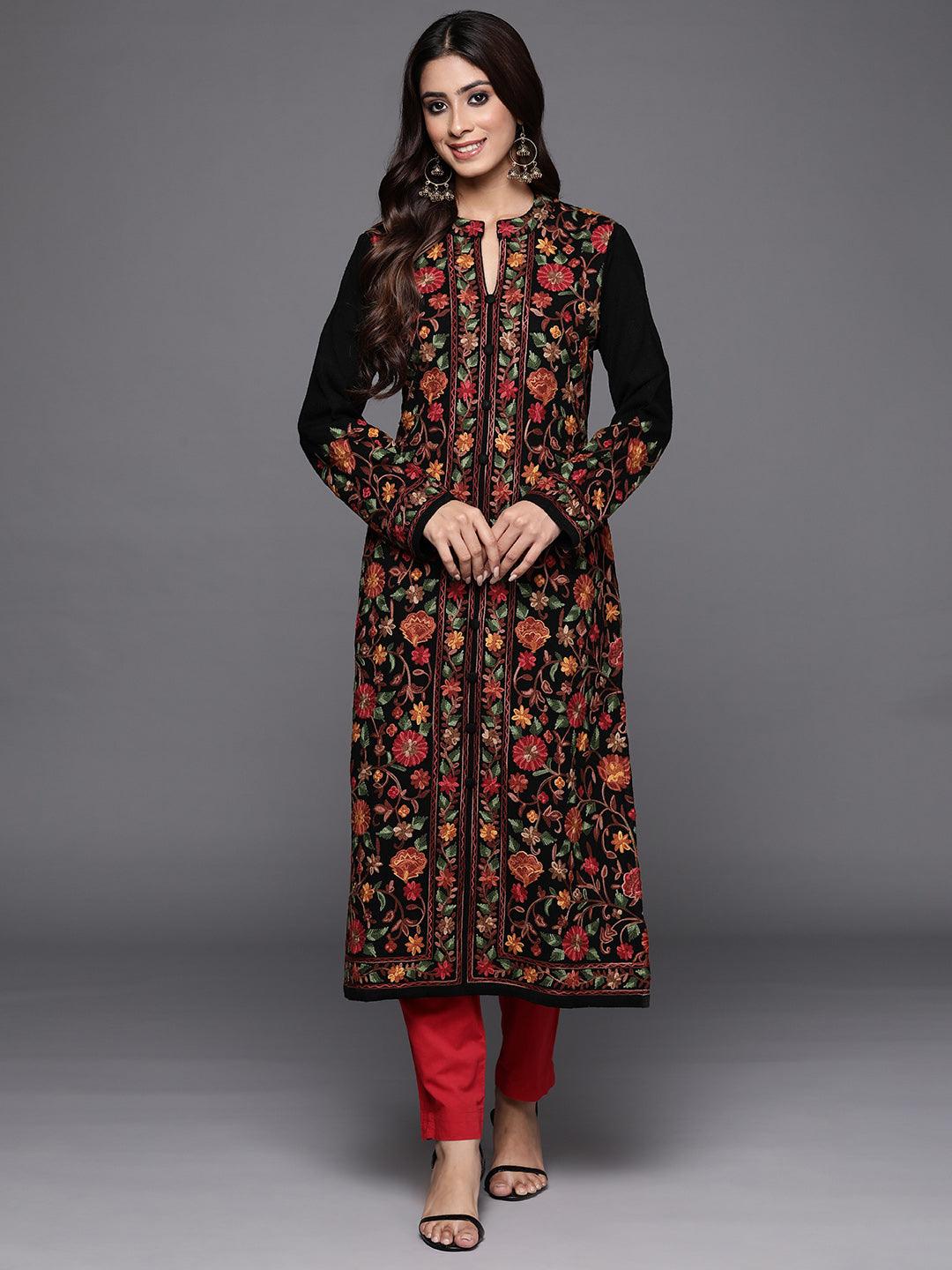 Black Embroidered Wool Straight Kurta - ShopLibas