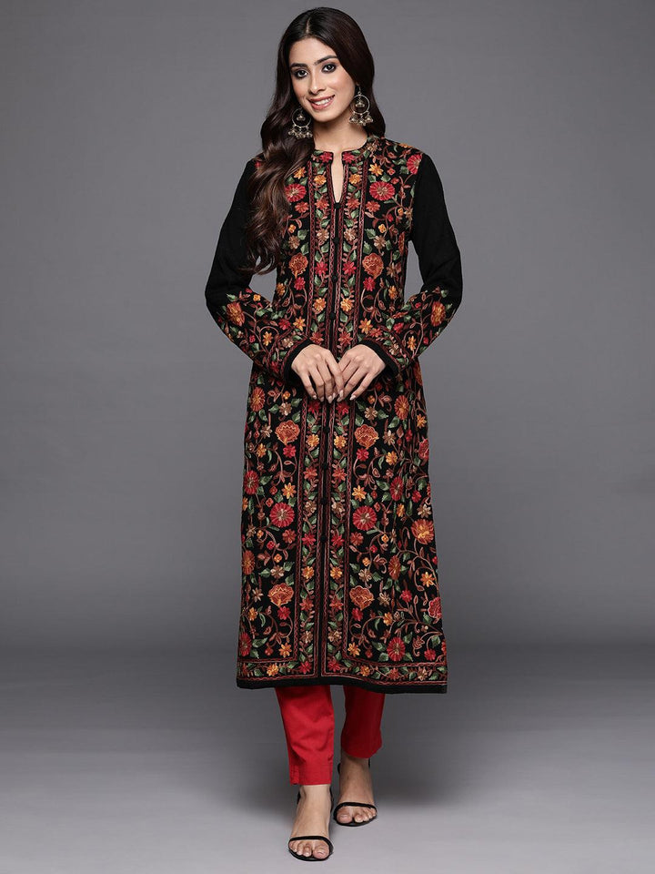 Black Embroidered Wool Straight Kurta