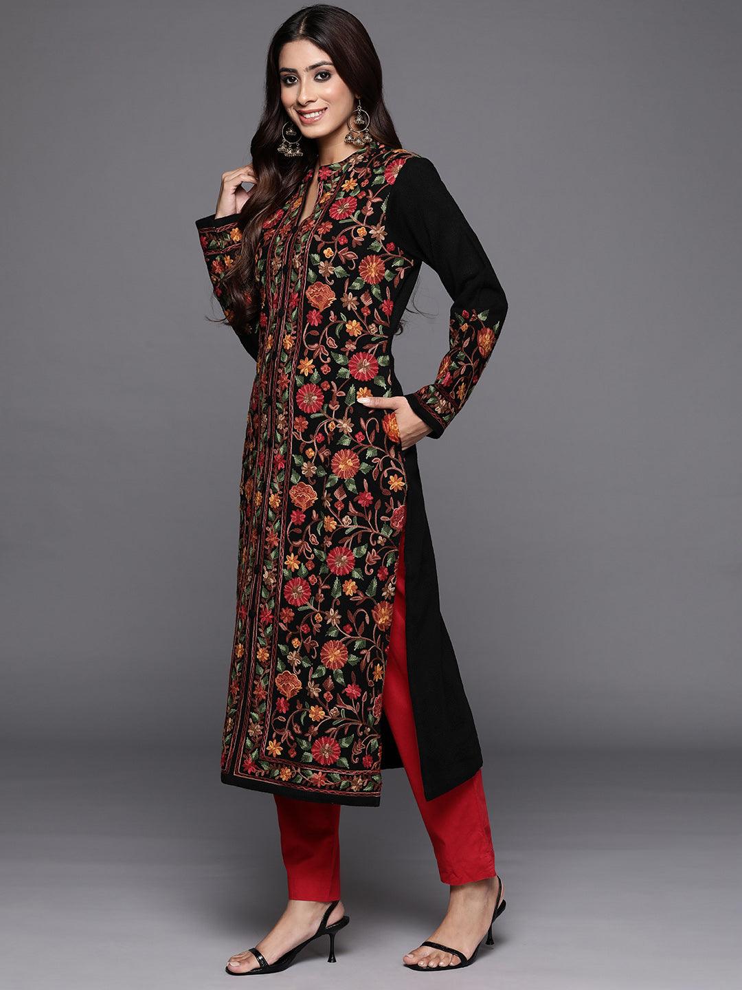 Black Embroidered Wool Straight Kurta - ShopLibas