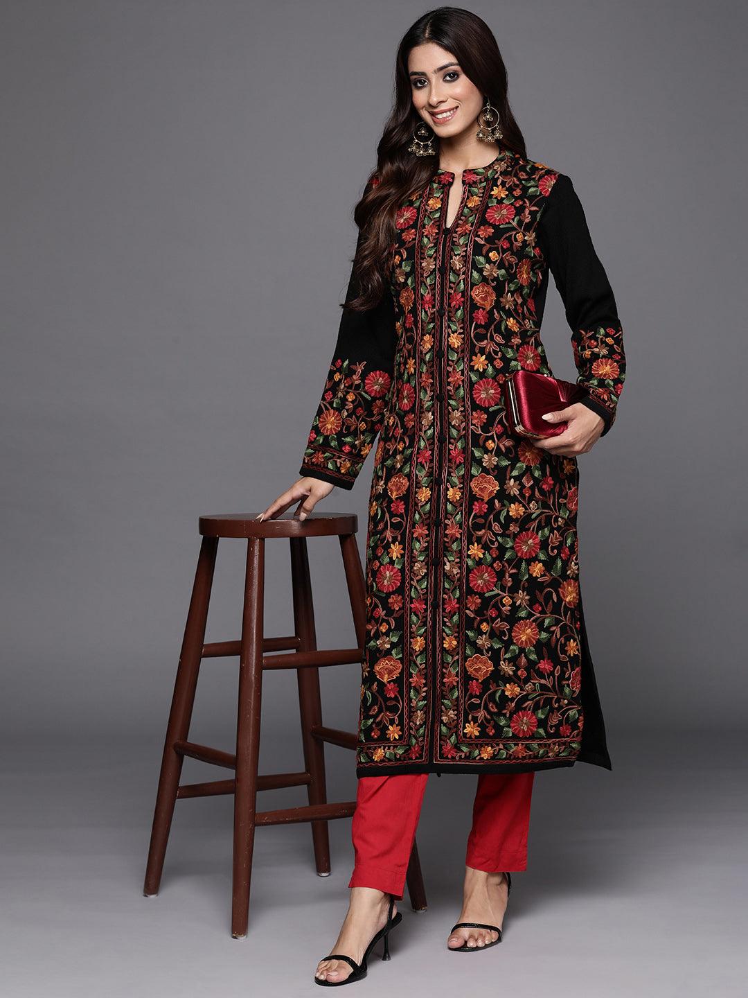 Black Embroidered Wool Straight Kurta - ShopLibas