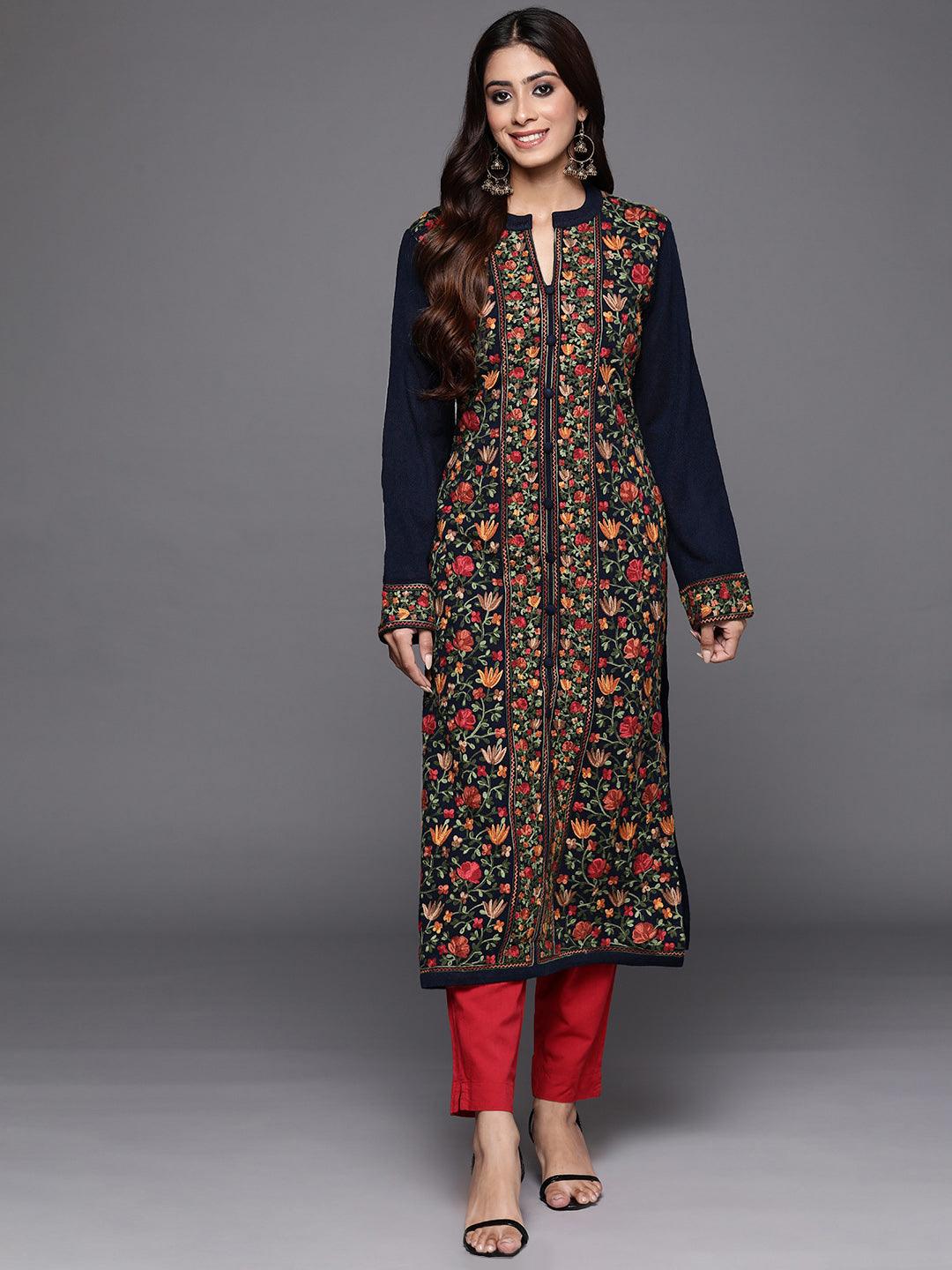 Blue Embroidered Wool Straight Kurta - ShopLibas