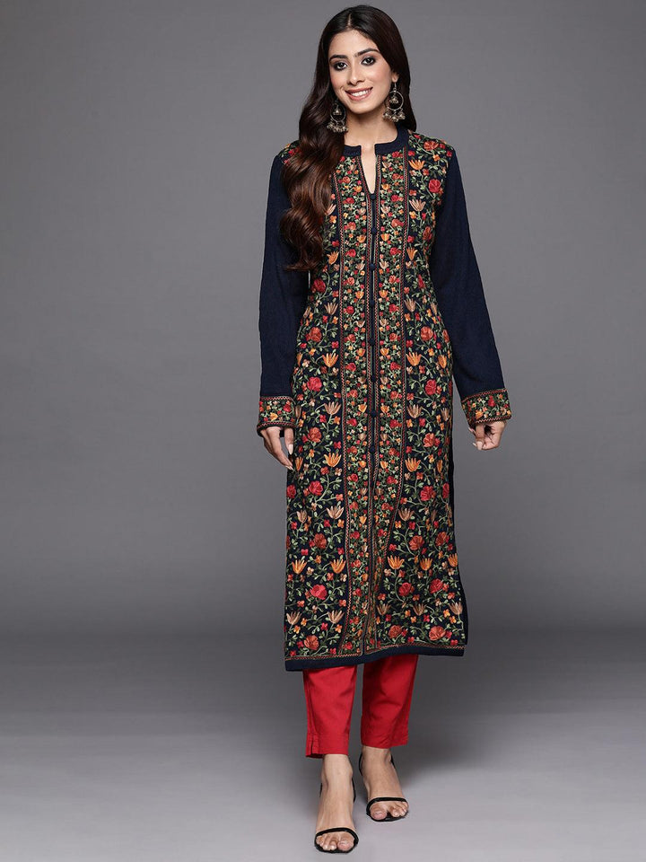 Blue Embroidered Wool Straight Kurta