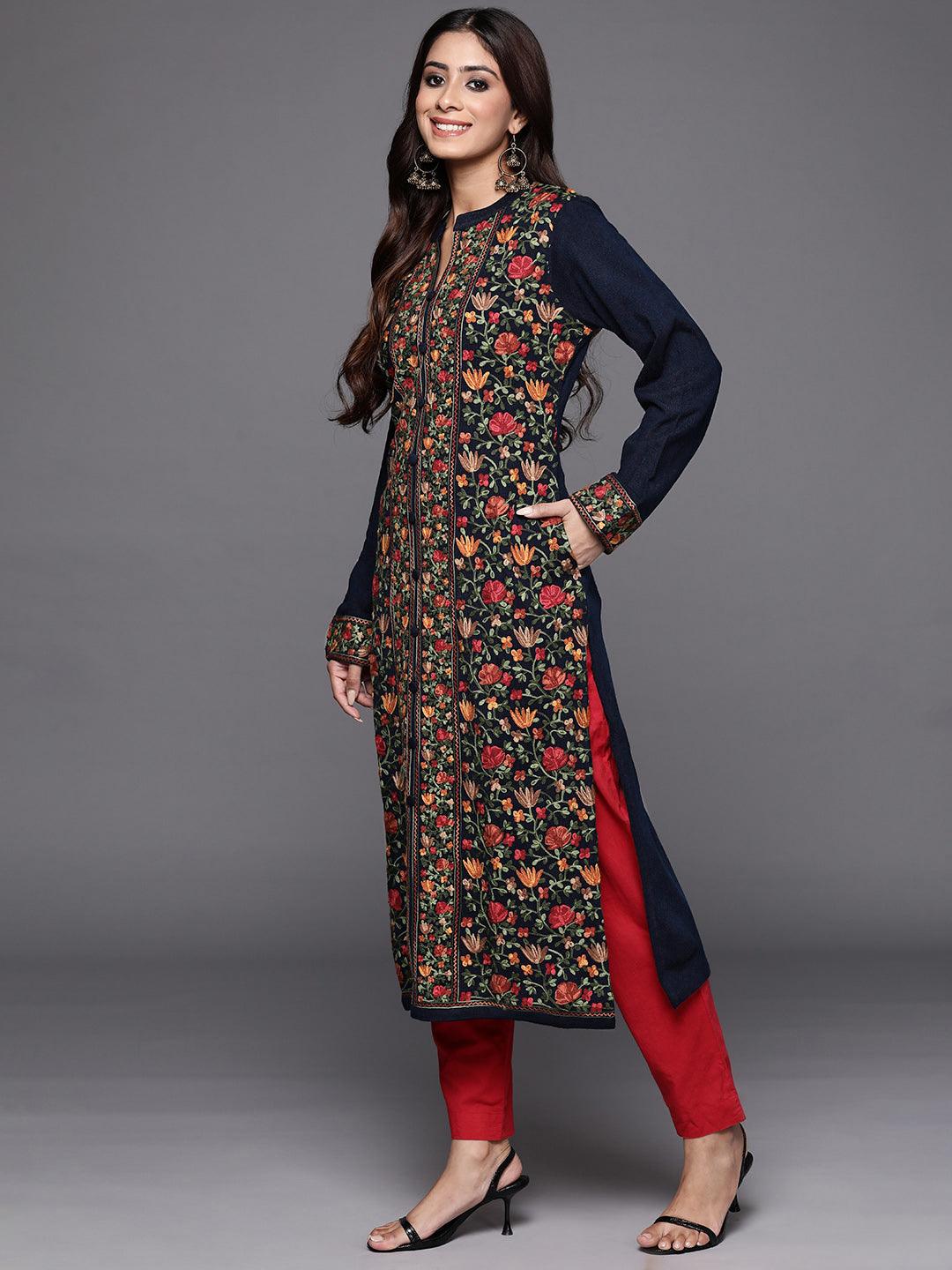Blue Embroidered Wool Straight Kurta - ShopLibas
