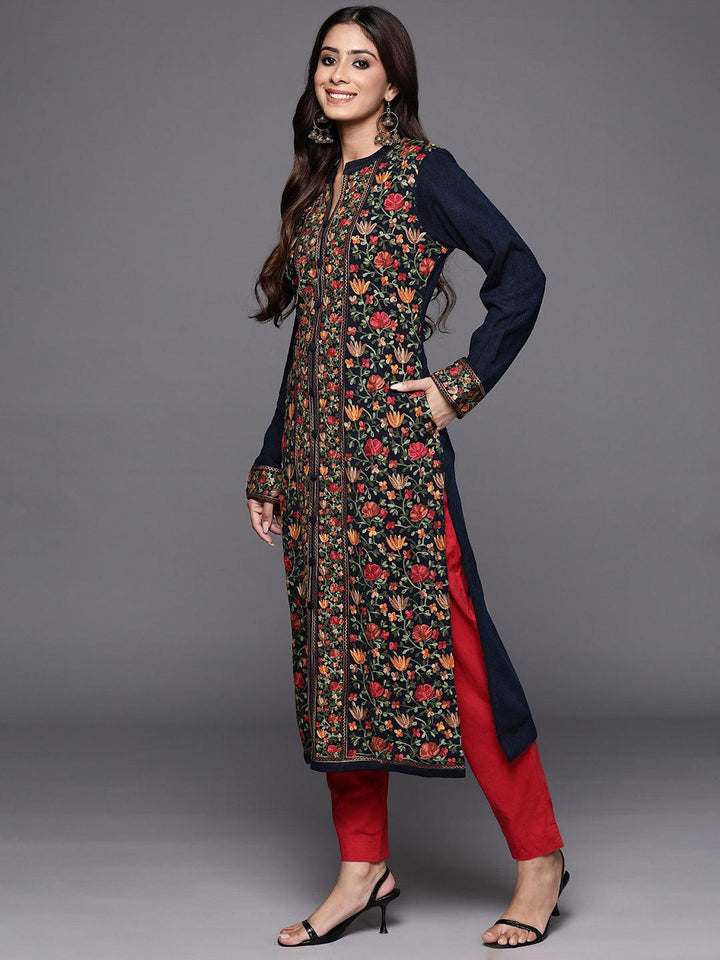 Blue Embroidered Wool Straight Kurta