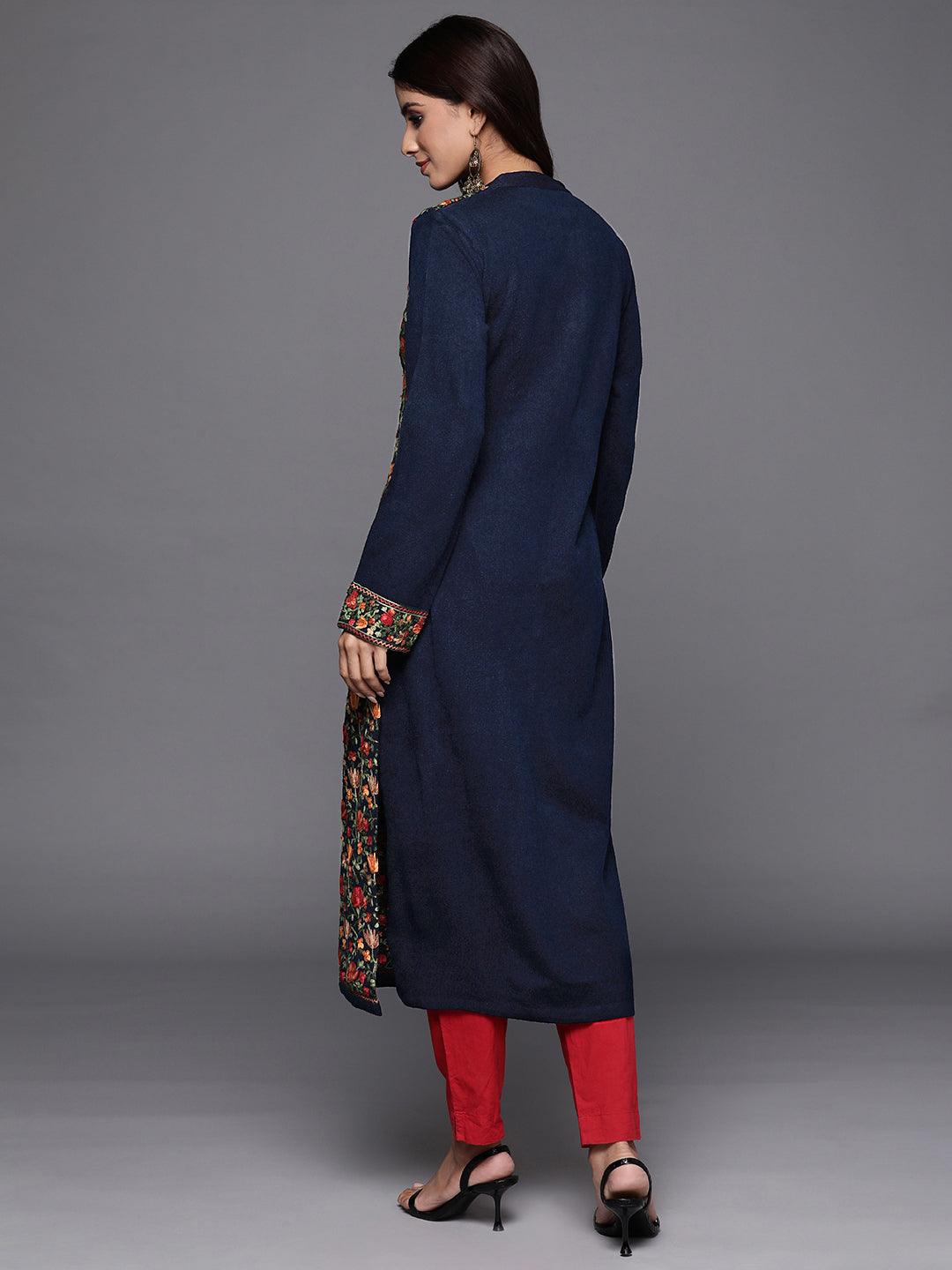 Blue Embroidered Wool Straight Kurta - ShopLibas