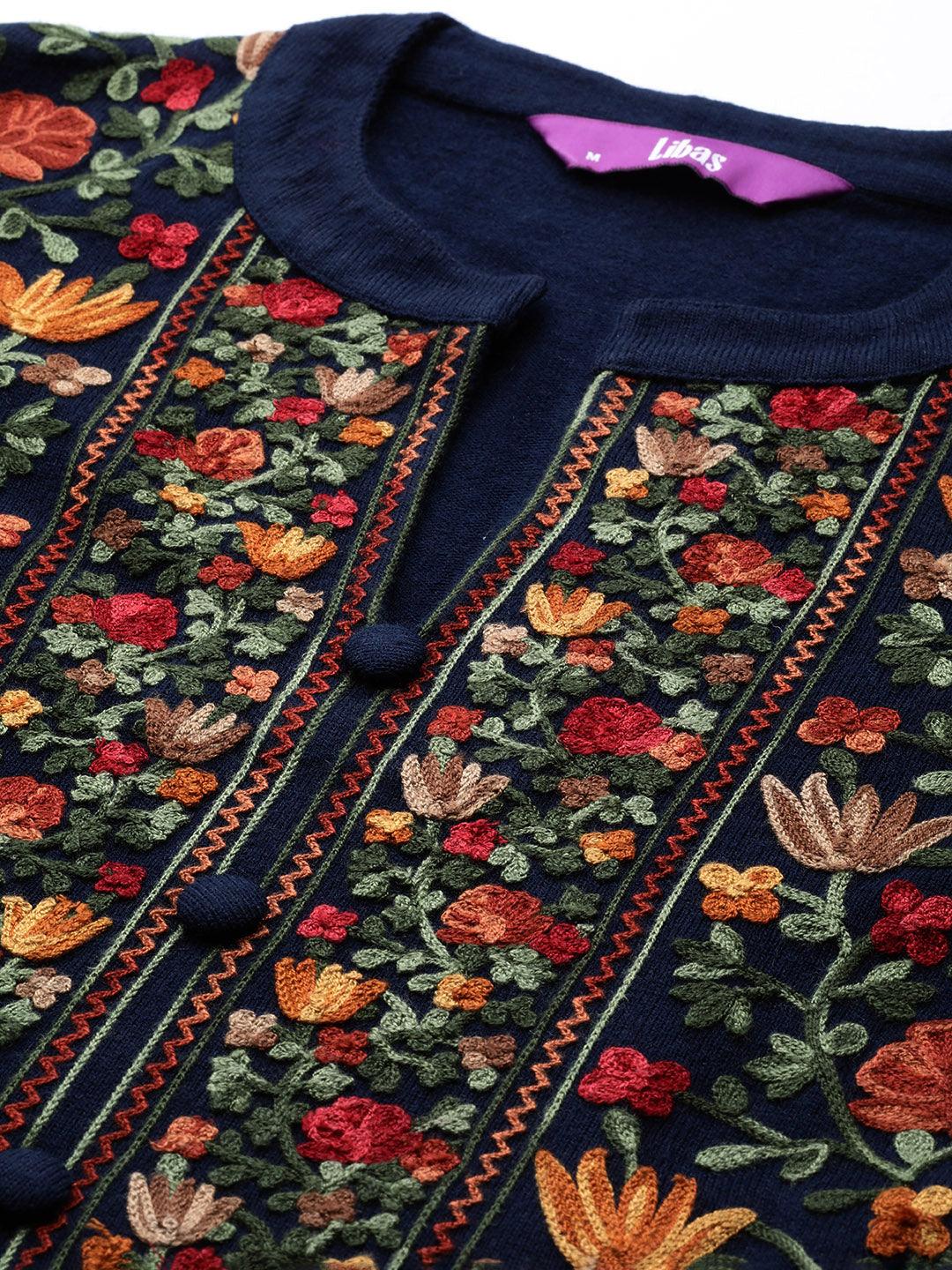 Blue Embroidered Wool Straight Kurta - ShopLibas