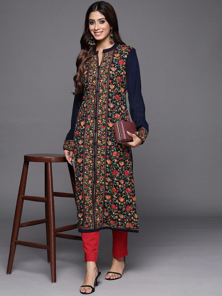 Blue Embroidered Wool Straight Kurta