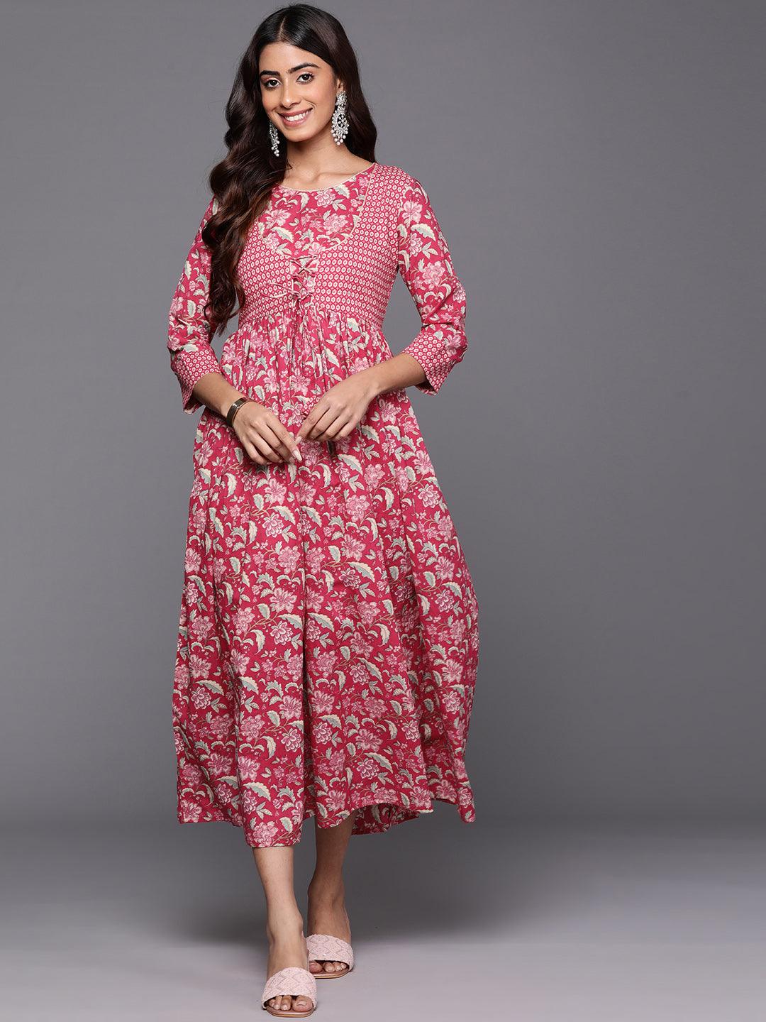 Pink Printed Cotton Fit and Flared Dress - ShopLibas