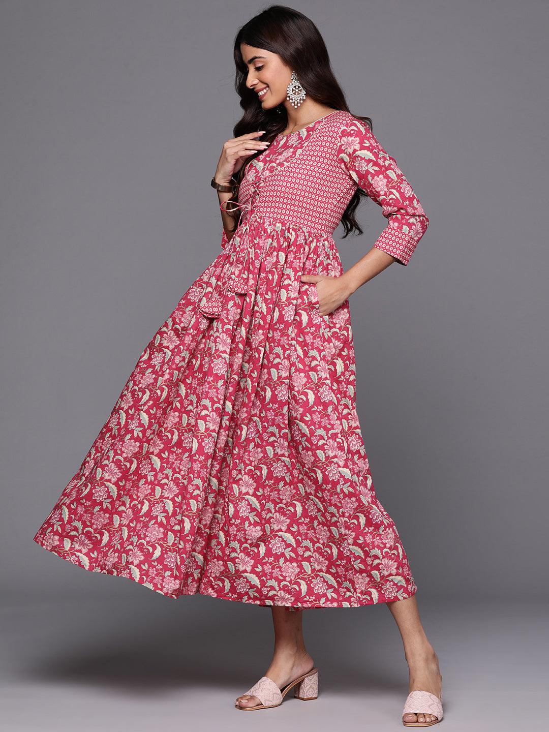 Pink Printed Cotton Fit and Flared Dress - ShopLibas