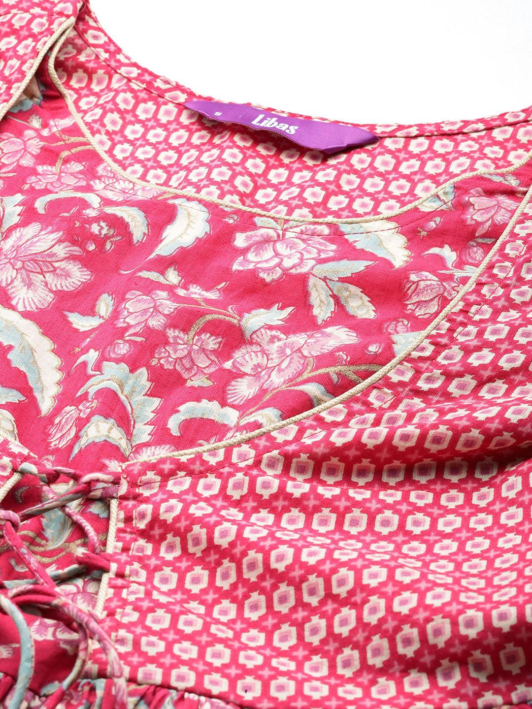 Pink Printed Cotton Fit and Flared Dress - ShopLibas