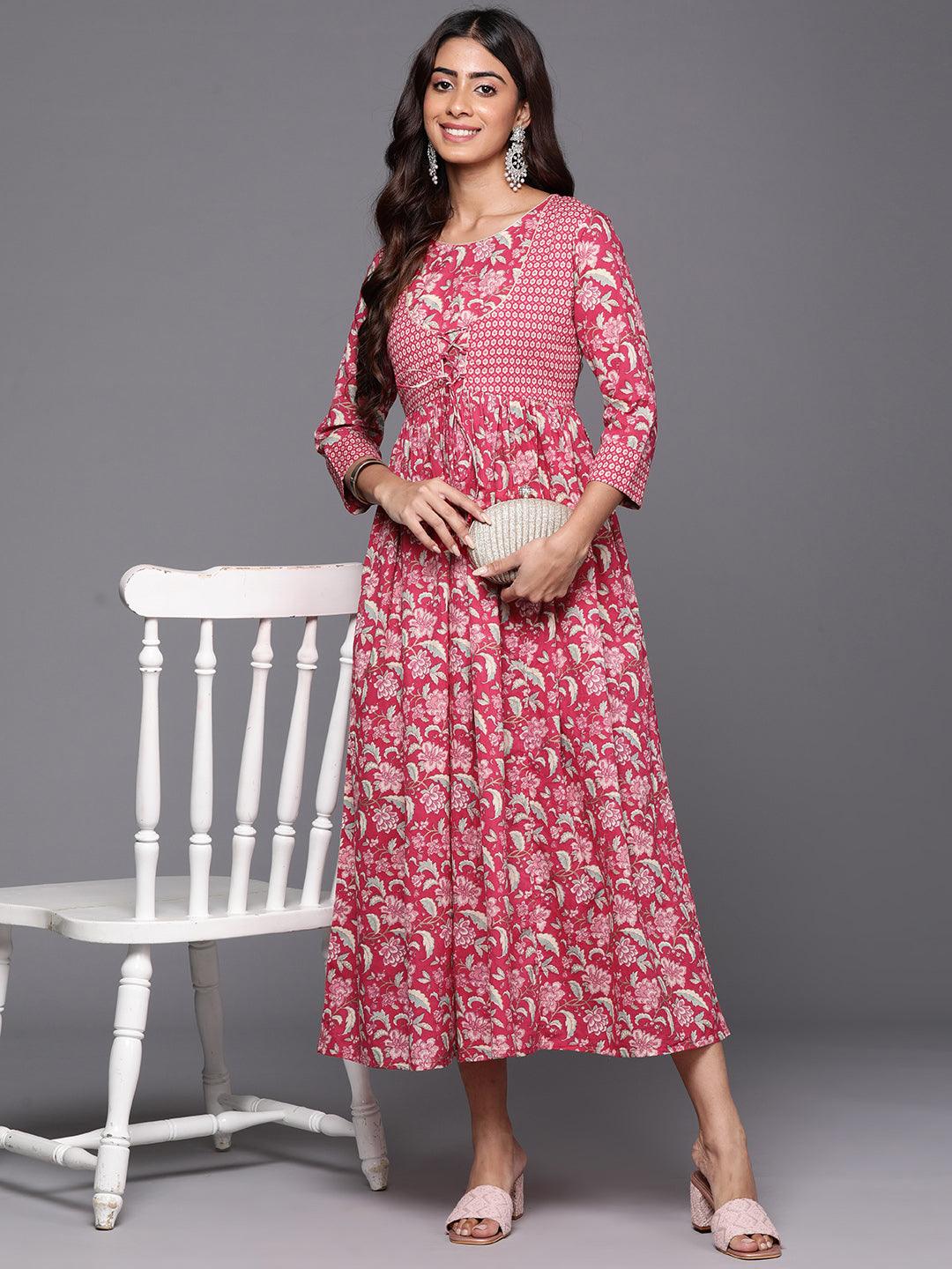 Pink Printed Cotton Fit and Flared Dress - ShopLibas