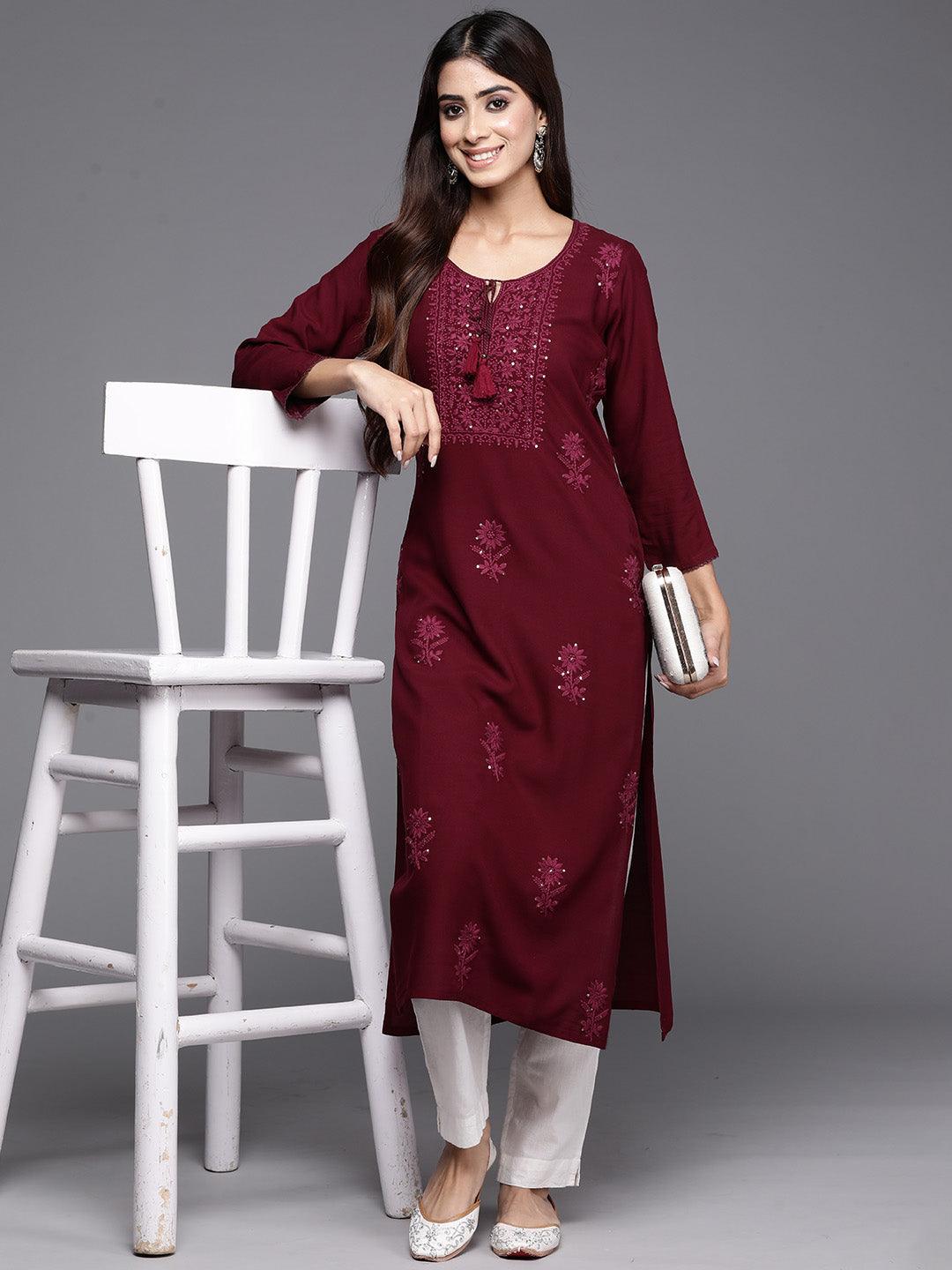 Wine Embroidered Rayon Straight Kurta - ShopLibas