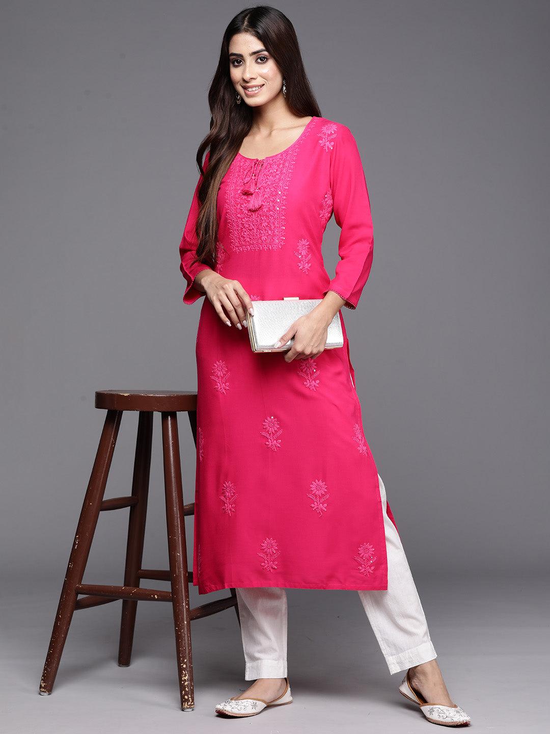 Pink Embroidered Rayon Straight Kurta - ShopLibas