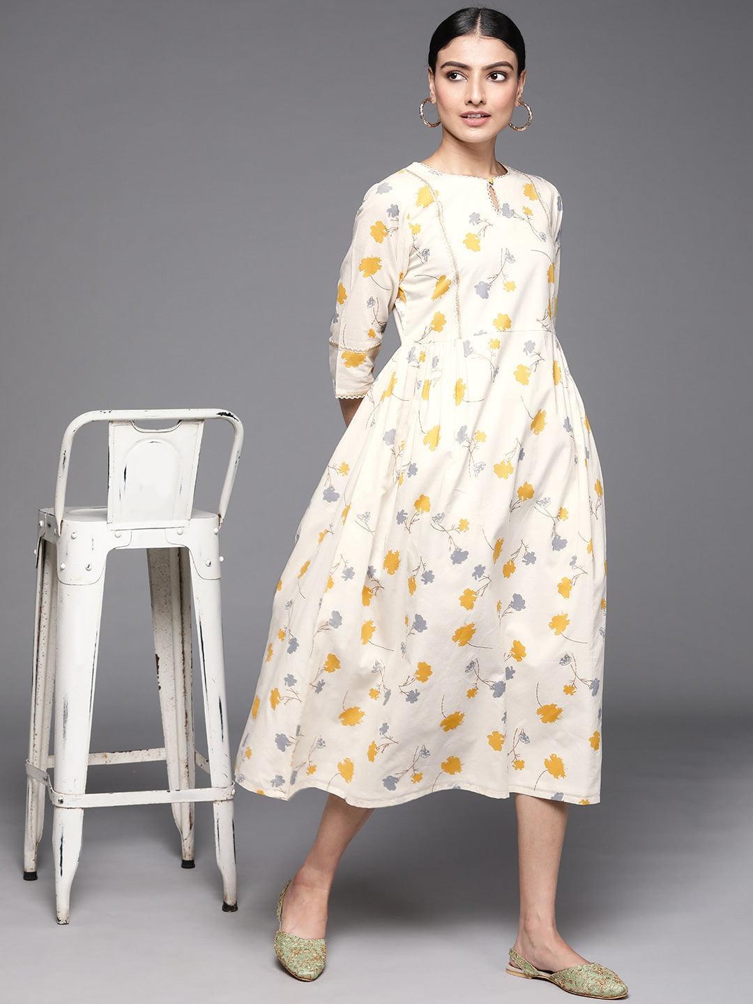 Off White Printed Cotton Dress - ShopLibas