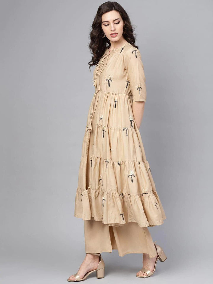 Beige Printed Polyester Kurta Set With Jacket
