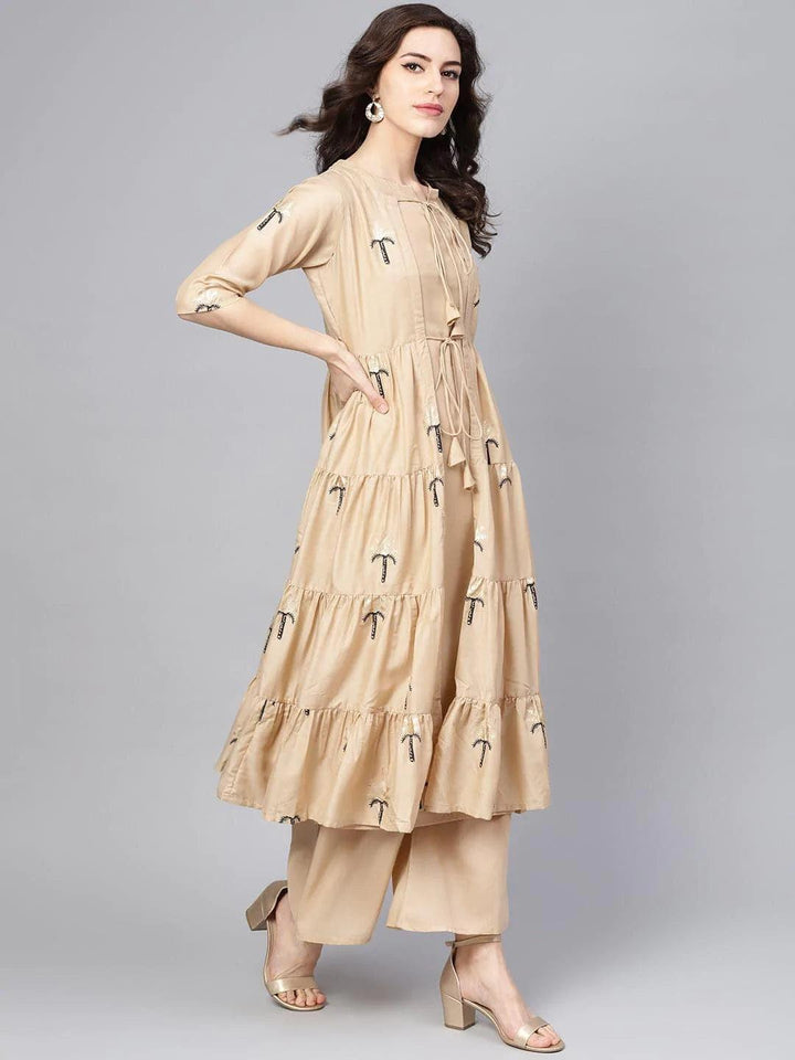 Beige Printed Polyester Kurta Set With Jacket