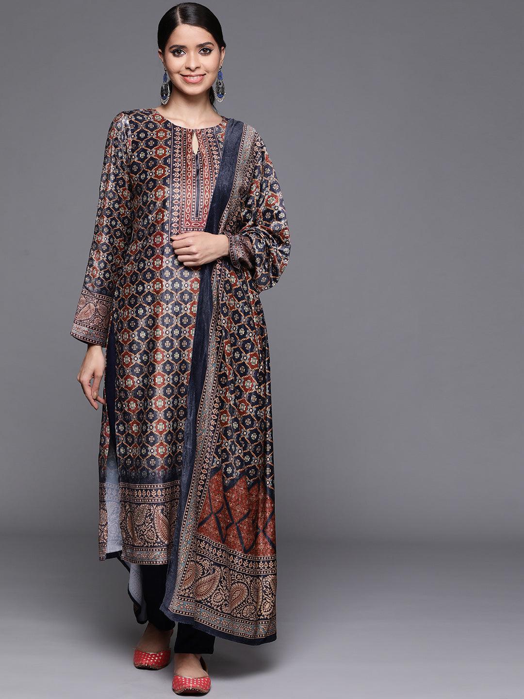 Navy Blue Printed Velvet Suit Set - ShopLibas