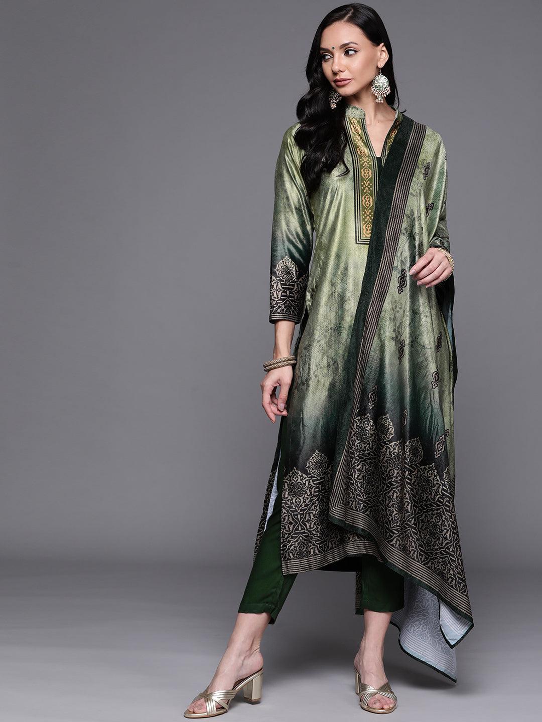 Green Printed Velvet Suit Set - ShopLibas