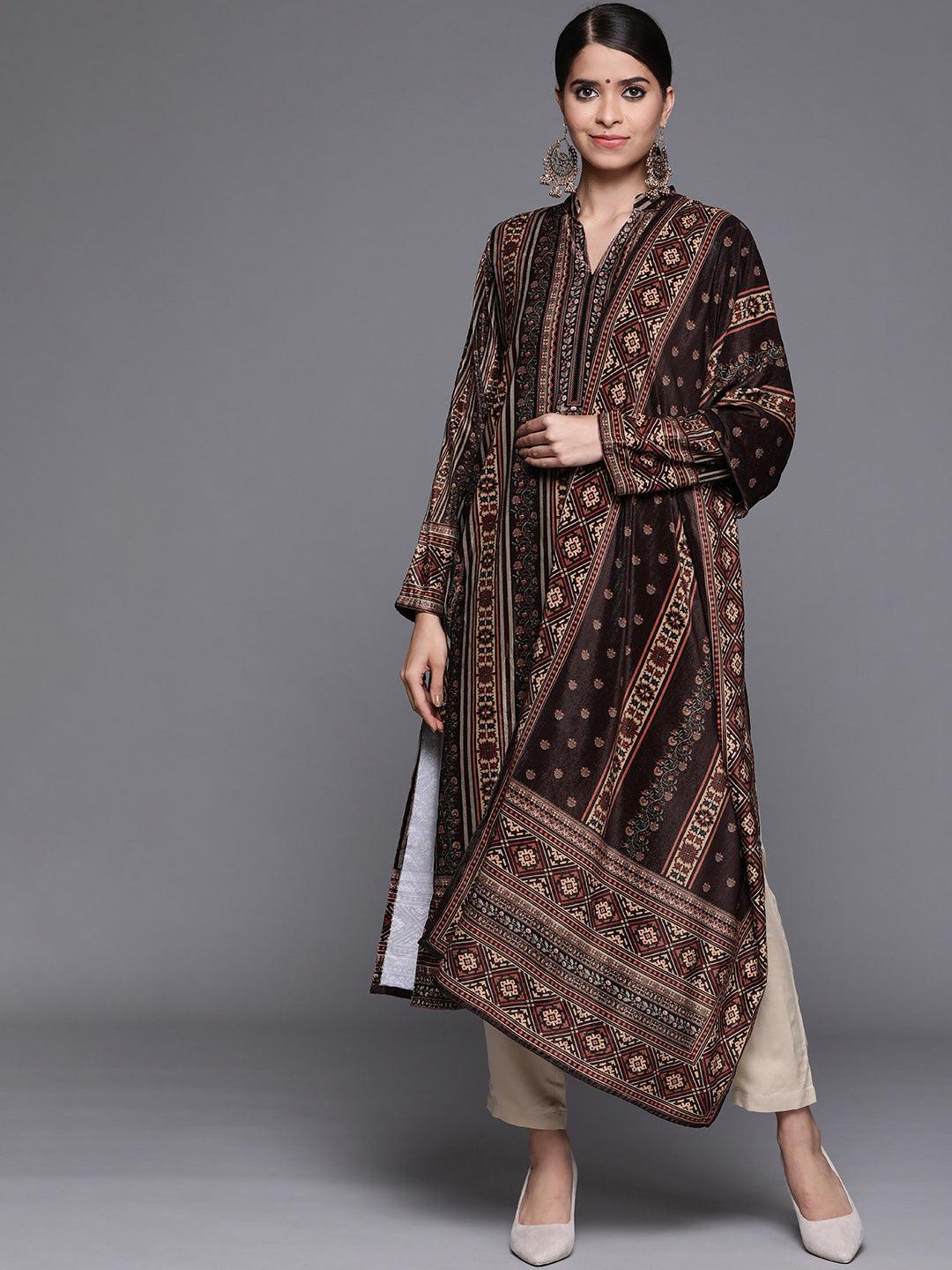 Navy Blue Printed Velvet Suit Set - ShopLibas