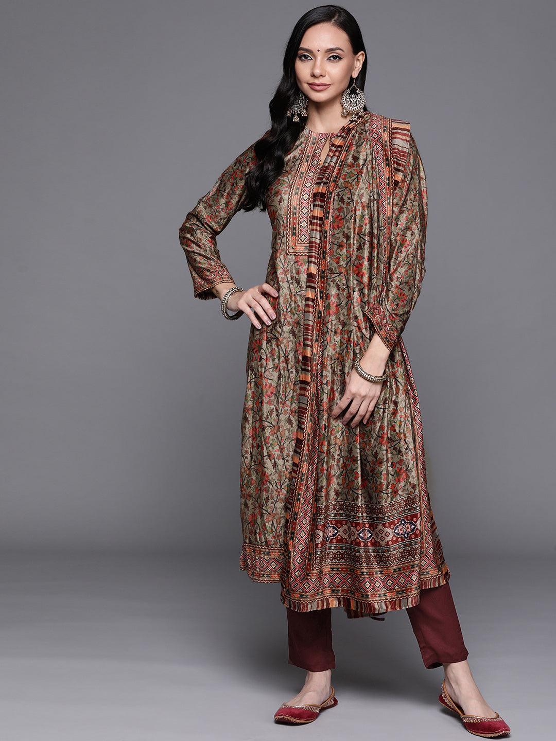Multicoloured Printed Velvet Suit Set - ShopLibas