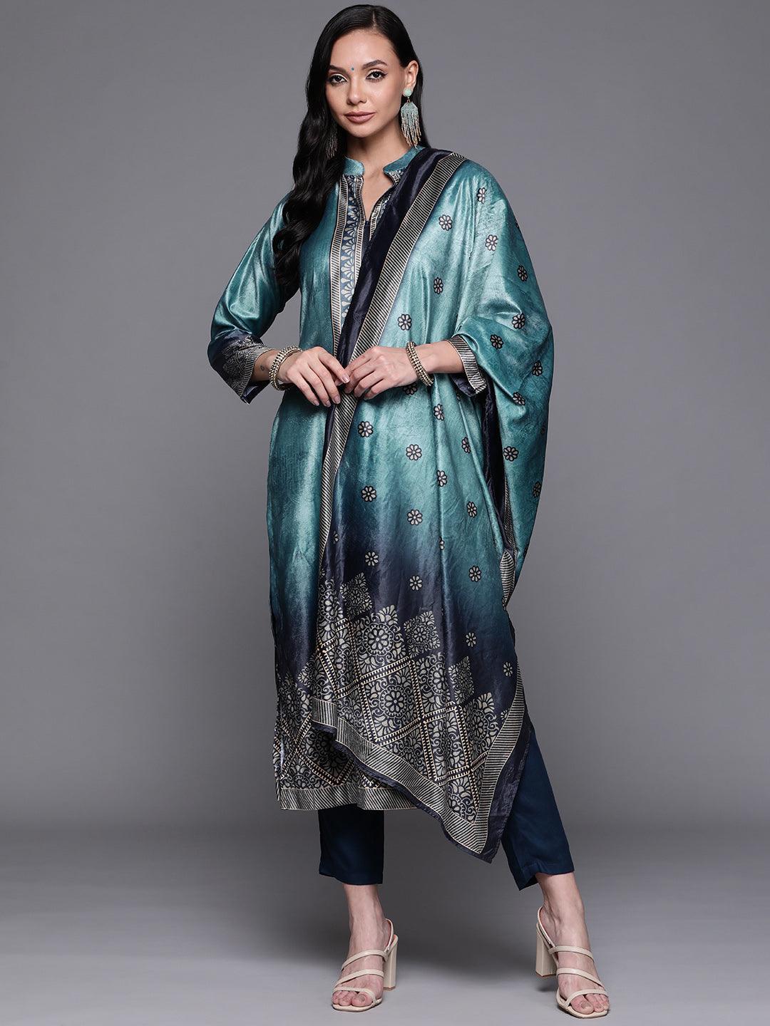 Blue Printed Velvet Suit Set - ShopLibas