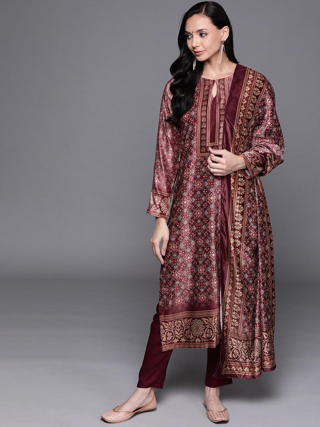Brown Printed Velvet Suit Set - ShopLibas