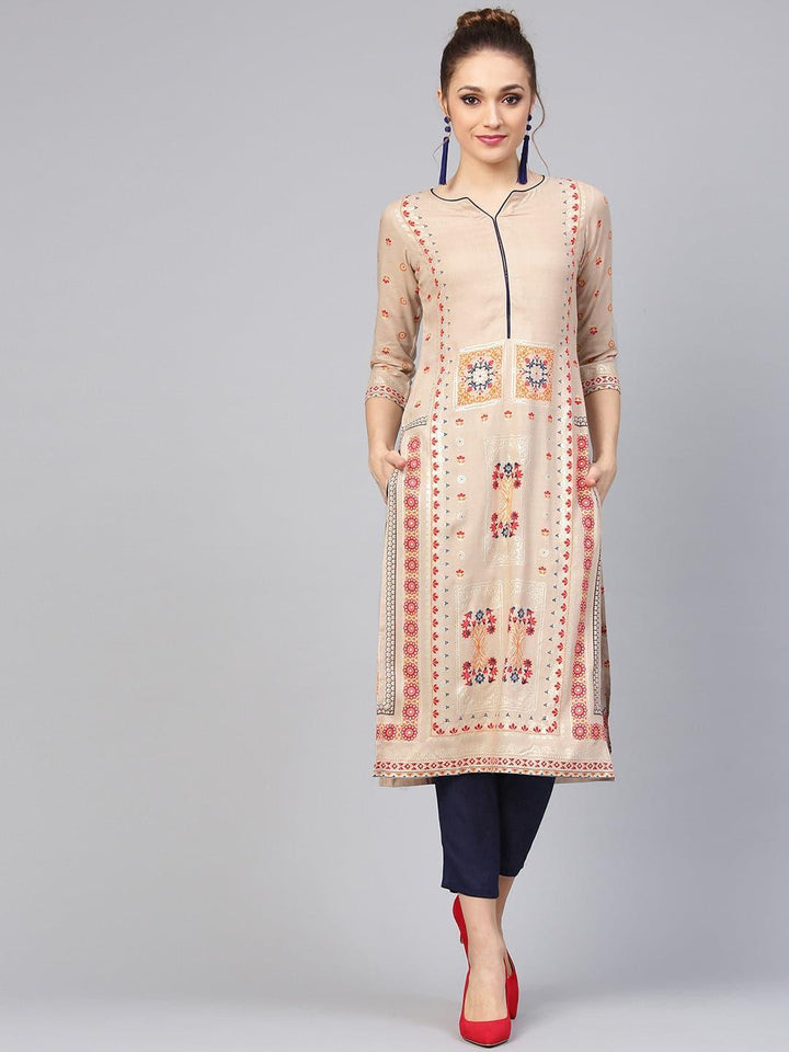 Beige Printed Rayon Kurta Set