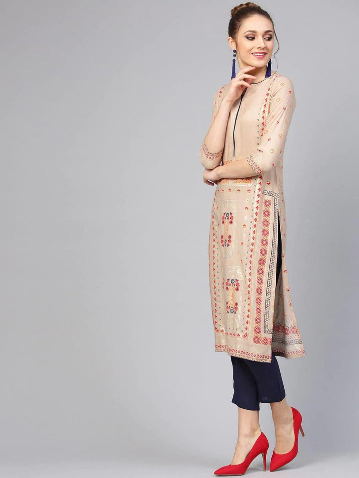 Beige Printed Rayon Kurta Set