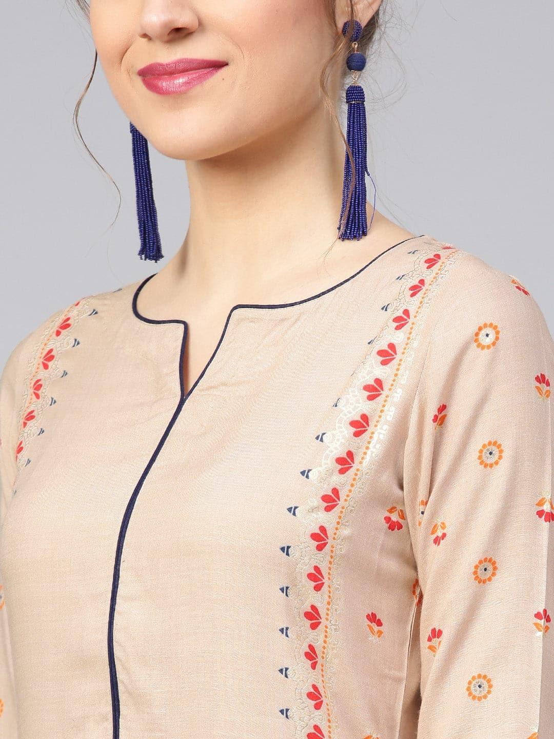 Beige Printed Rayon Kurta Set - ShopLibas