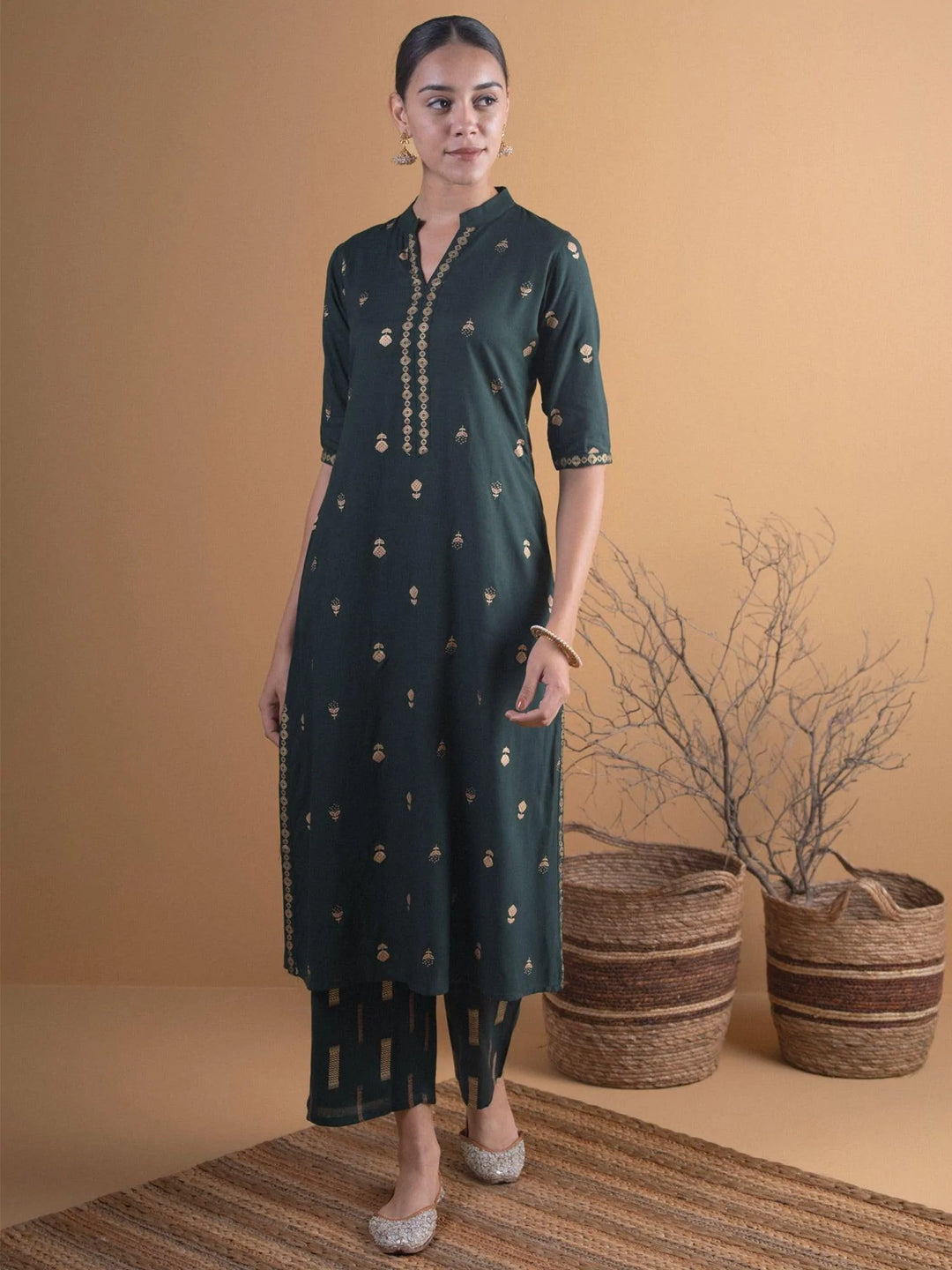Green Printed Rayon Kurta Set