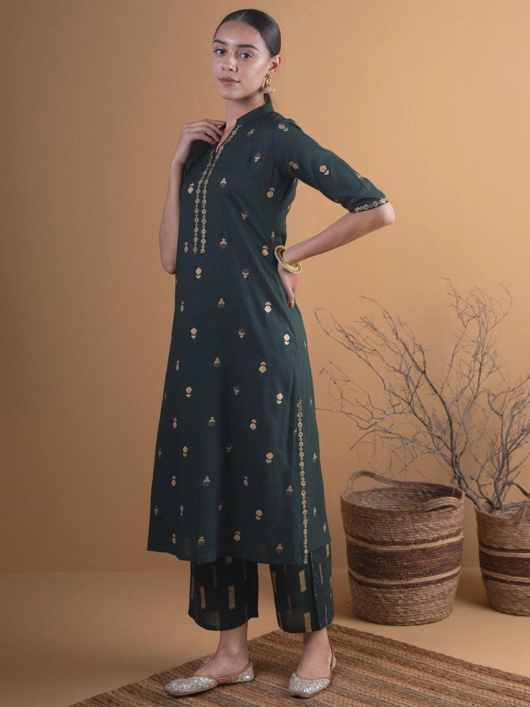 Green Printed Rayon Kurta Set