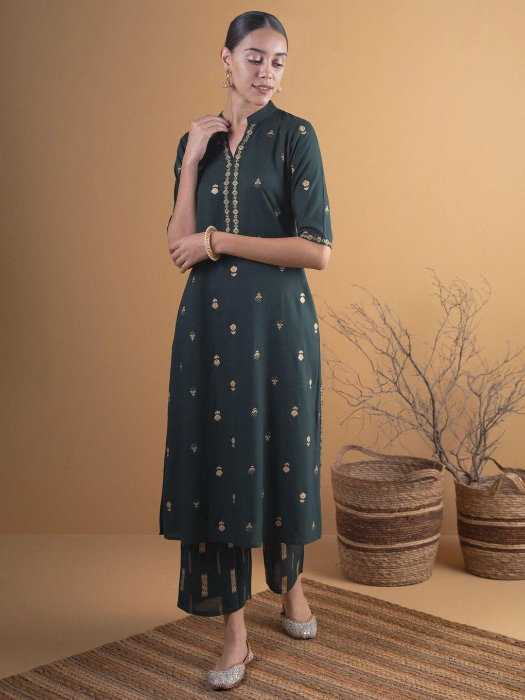 Green Printed Rayon Kurta Set