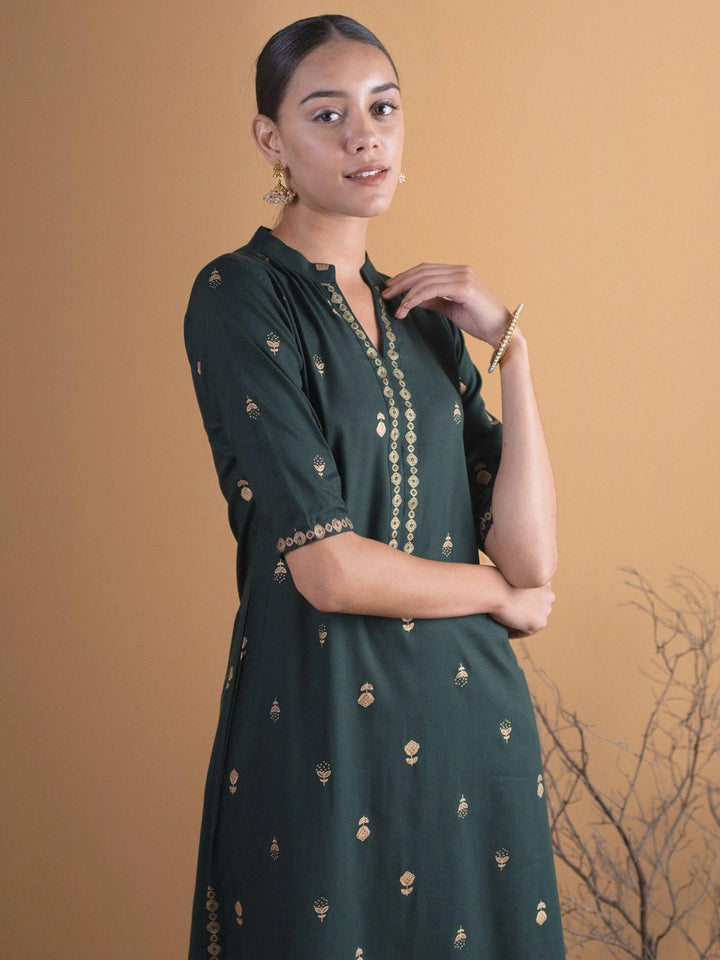 Green Printed Rayon Kurta Set