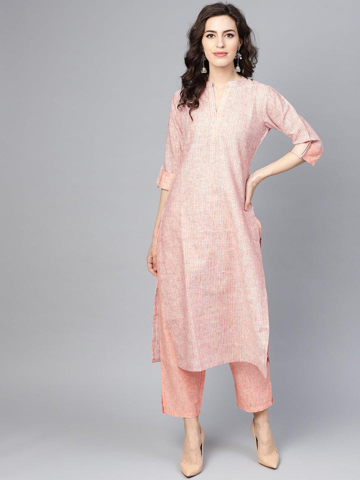 Peach Striped Cotton Kurta Set