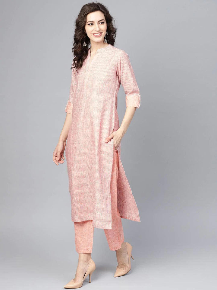 Peach Striped Cotton Kurta Set