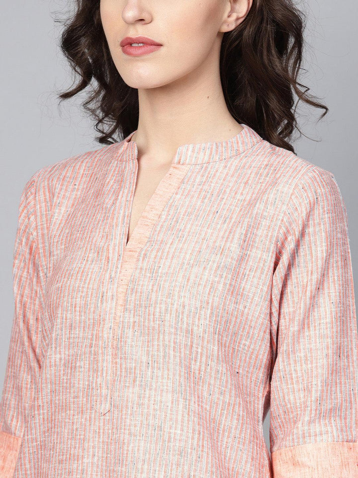 Peach Striped Cotton Kurta Set