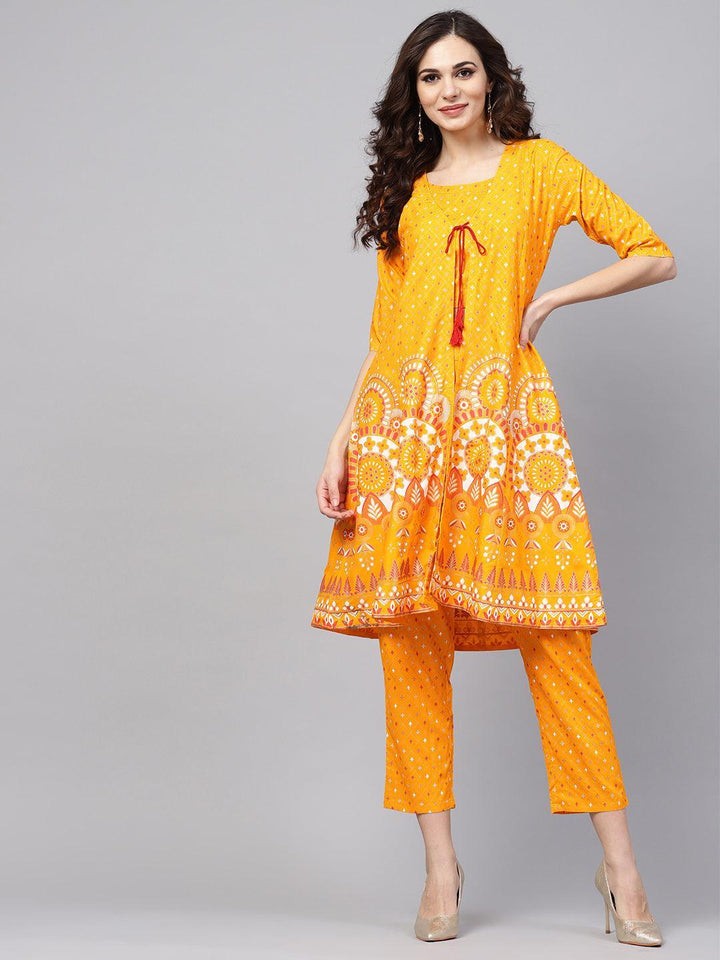Yellow Printed Cotton Kurta Set With Jacket